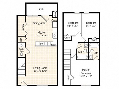 Floor plan for 3 beds, 2.5 baths, 1214 sqft
